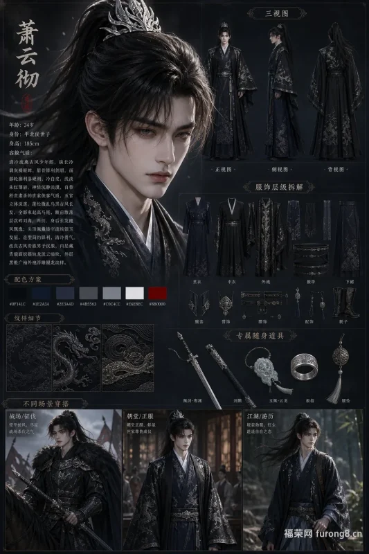 萧云彻|黑缎银龙广袖袍 世家侠客超写实东方角色设定图-福荣网