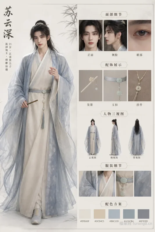 苏云深｜烟灰蓝纱宽袖 温润如风清雅贵公子角色设定展板-福荣网