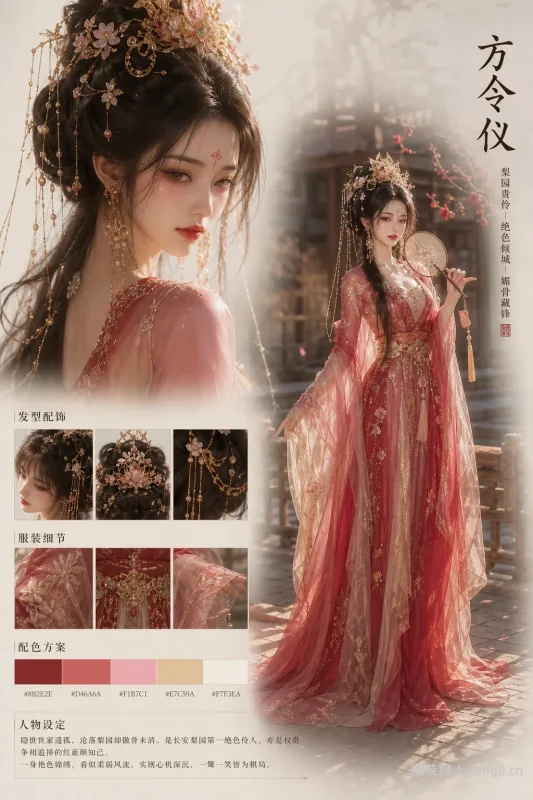 方令仪｜长安第一伶人 鎏金海棠冠透纱华裳古风美女角色设定概念图-福荣网