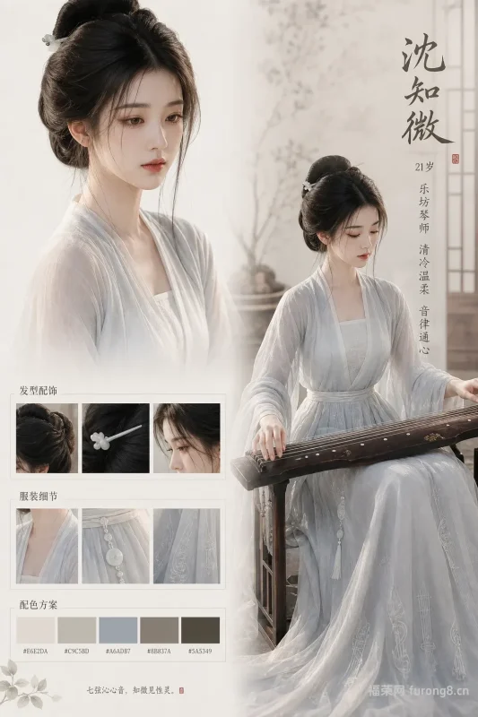 沈知微｜以琴养心以音渡人 清雅素净清冷治愈古风美女角色概念图-福荣网