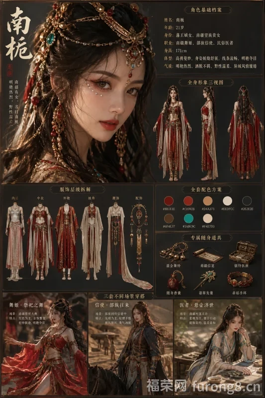 真人古装南栀全案设计：三视图服饰道具配色齐备，8K超清影视参考-福荣网