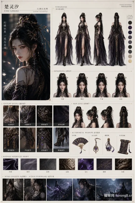 灵汐|江湖幻术师 妩媚神秘乱世侠女 3A 游戏角色设定展板-福荣网