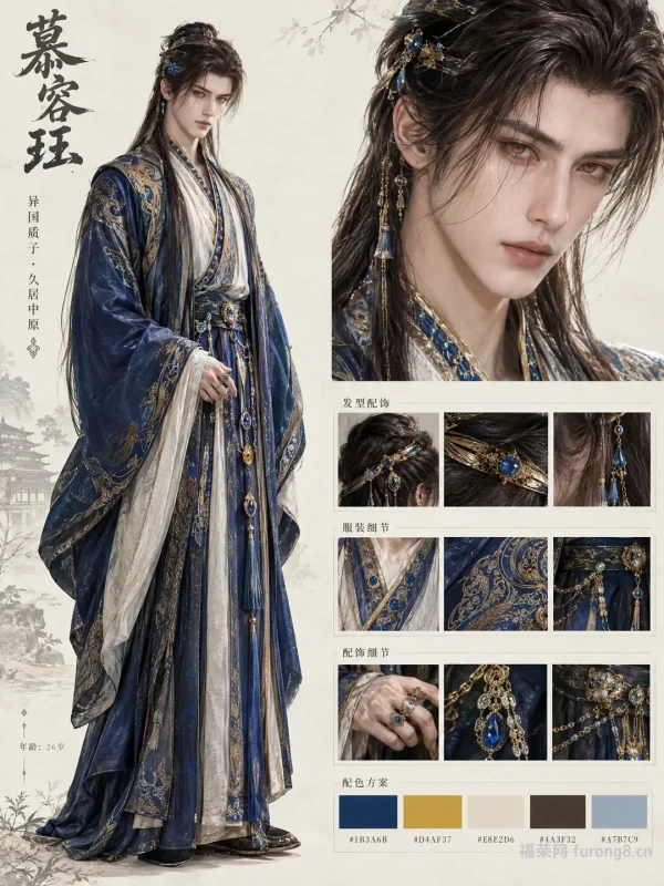 二十六岁异国质子心思深沉，琥珀色瞳笑时夺目，青金拼接袍显华贵-福荣网