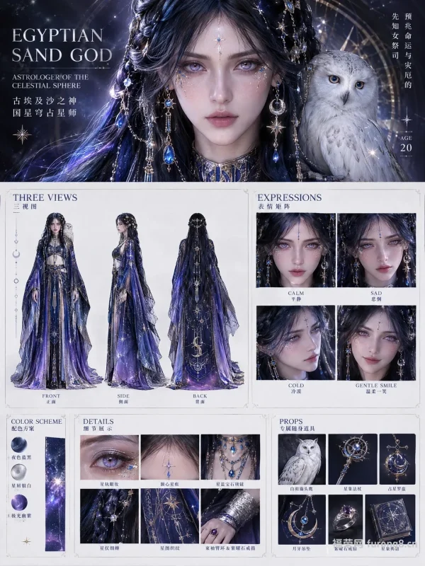 鎏金青蓝月白三色交织，圣乐祭司抚琴肃穆虔诚，蓝孔雀羽翼覆珠光矜贵-福荣网