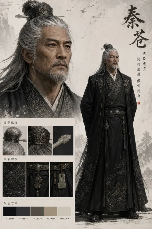 秦苍｜深墨暗纹老将常服 傲骨犹存忠君报国古风老臣人设概念图-福荣网