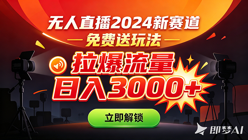 jimeng-2026-10-02-1521-无人直播2024新赛道 免费送玩法 拉爆流量 日入3000+ 画一张海报
